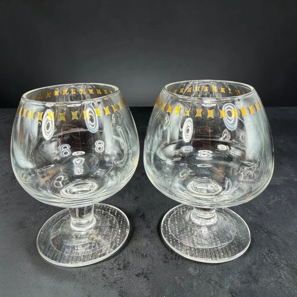 West‎ Elm Brandy Snifter Glasses Set of 2 Gold Bow Ribbon Pattern Clear Barware